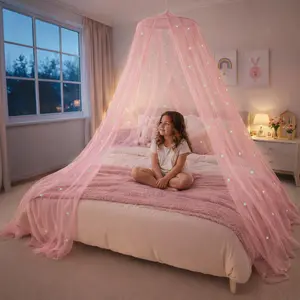 Pink Bed Canopy for Girls with Glowing Stars Premium Canopy Curtains Fits Single Twin Full Queen Kids Bed Princess Netting Ceiling Tent Room Decor for Toddler Bed