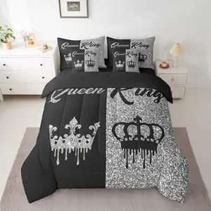 Black and Grey Crown and Bedding Set for Adults Couple Men Women,Valentine's Day Wedding Gifts,Bed in a Bag Bedroom Decor(No Glitter)