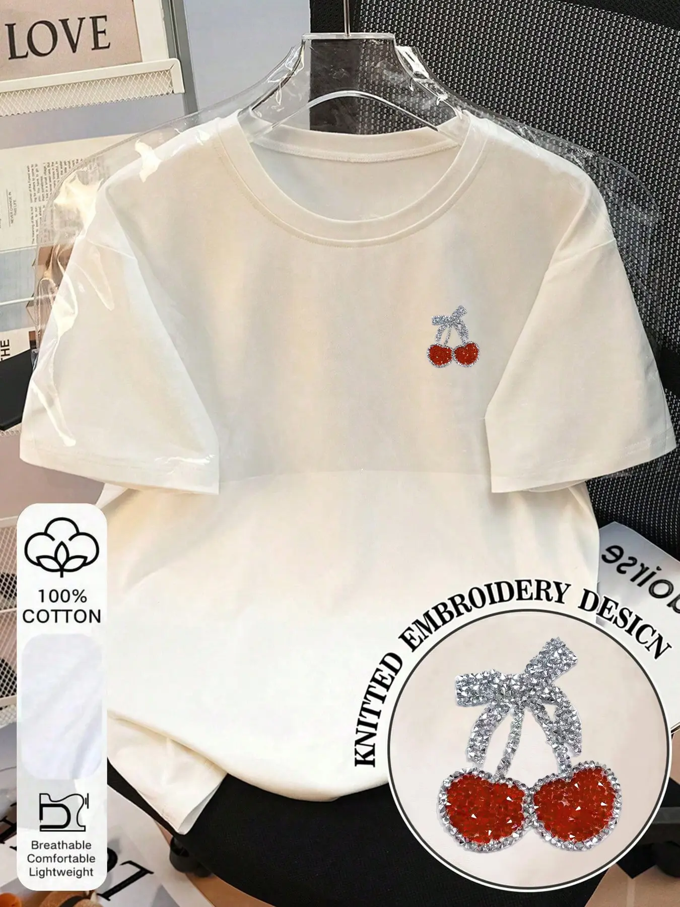 Women's Embroidered Cherry Round Neck T-Shirt, Casual Half Sleeve Cotton Top, Loose-Fitting Retro Style Embroidery for All Seasons, Womenswear