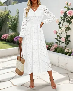 Women's Long-sleeved Dress, Hollow-out Embroidery, V-neck, Floral Lace, Long Dress with Double Side Pockets, Suitable for Parties And Weddings. Feminine Vneck Elegance Womenswear, Long Sleeve