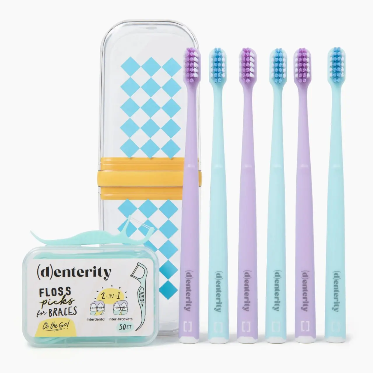 Denterity Braces Travel Oral Care Kit | 6 U-Shape Toothbrushes + Waterproof Travel Case + 50ct Twin Line Floss Picks