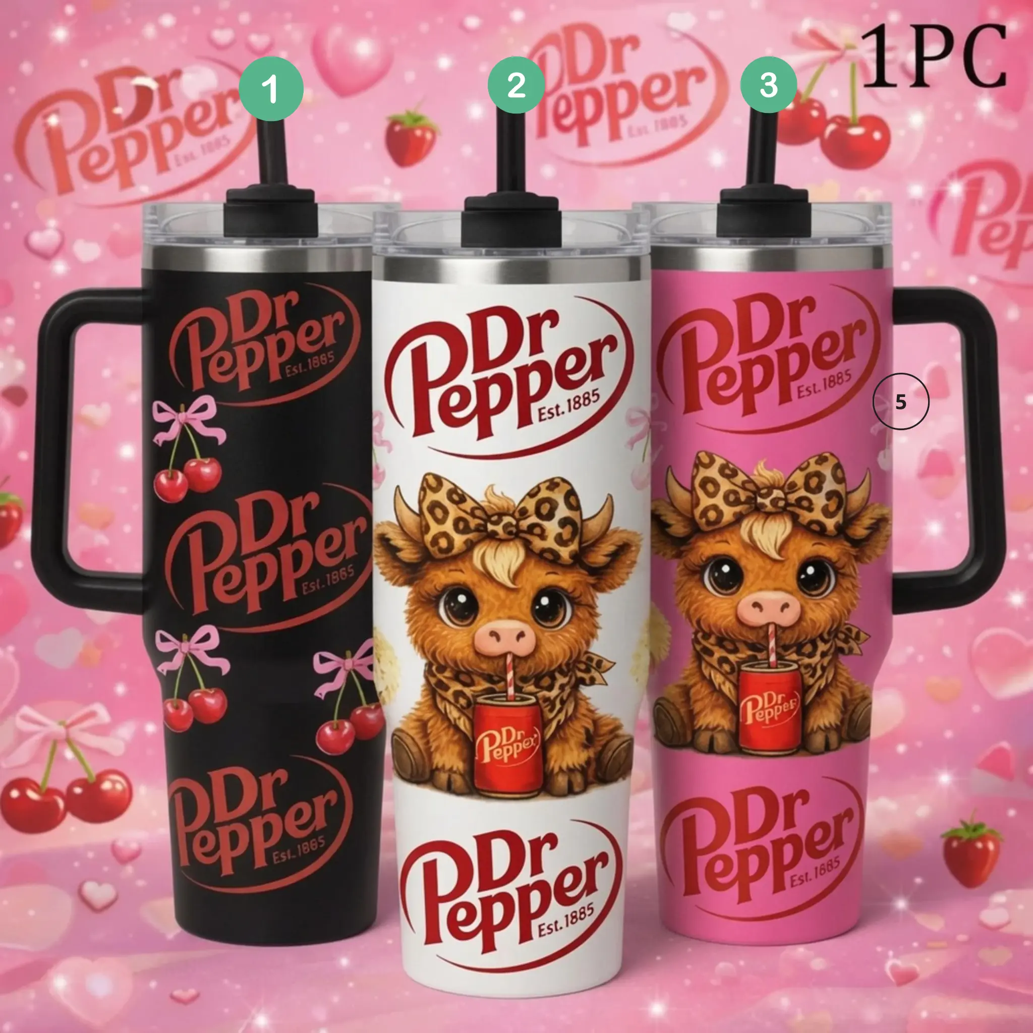 40oz Insulated Mug, Dr Pepper Soda Print Insulated Tumbler, Insulated Cups, Leak-Proof Thermal Mug Keeps Drinks Hot 12H and Cold 24H, Double-Wall Vacuum Insulated Stainless Steel with Straw Lid & Handle, Valentines Bir
