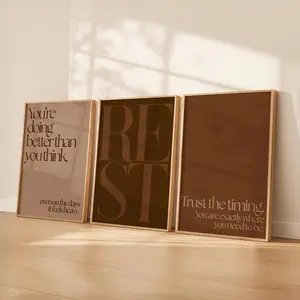 Brown Bedroom Wall Art Set of 3, Rest Quote Poster Unframed , Warm Neutral Bedroom Decor, Minimalist Affirmation Wall Art, Cocoa Poster Unframed