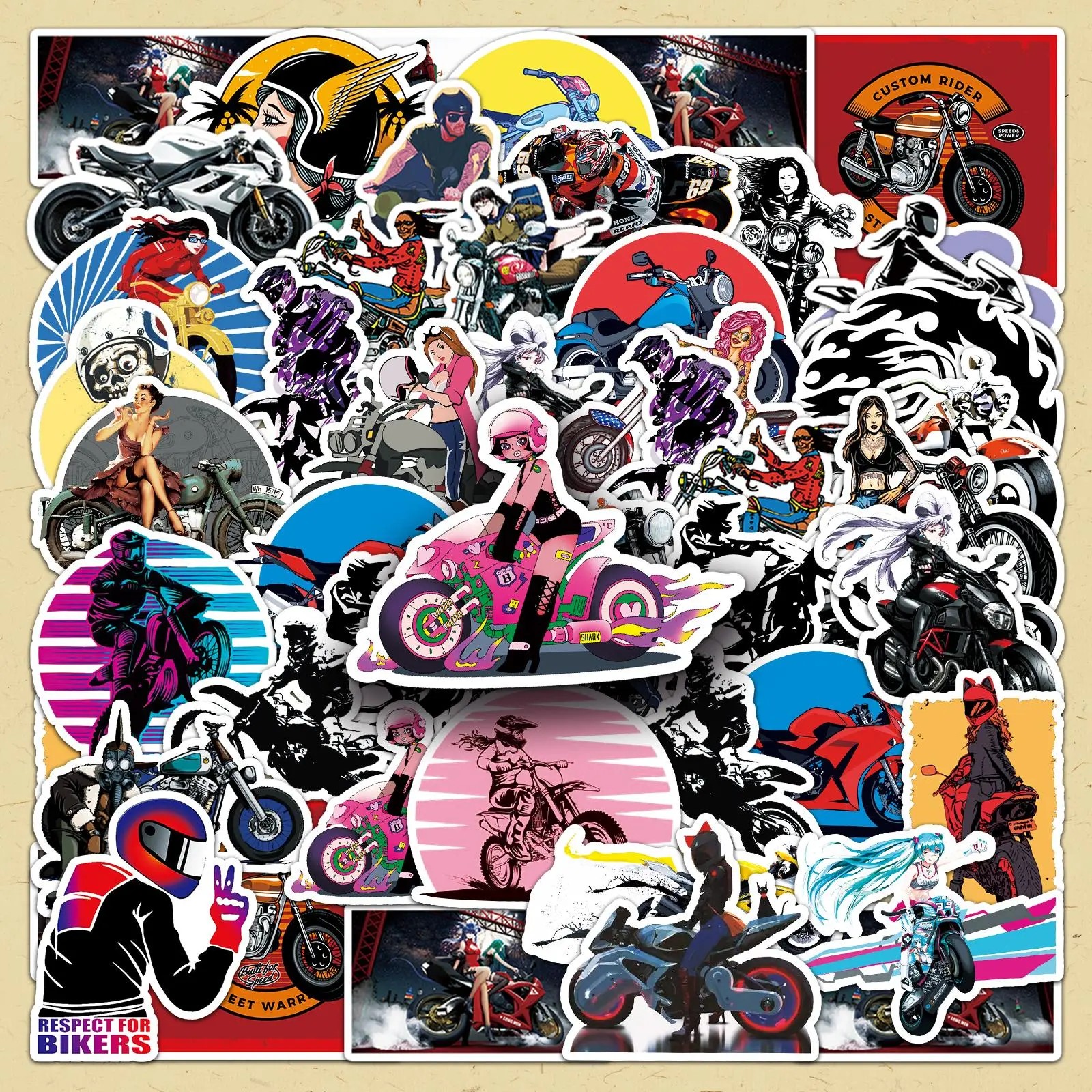 Motorcycle Pattern Sticker, 50pcs/set Creative Decorative Graffiti Sticker, DIY Decals for Water Bottle, Laptop, Phone Case, Scrapbooking, Journal Making
