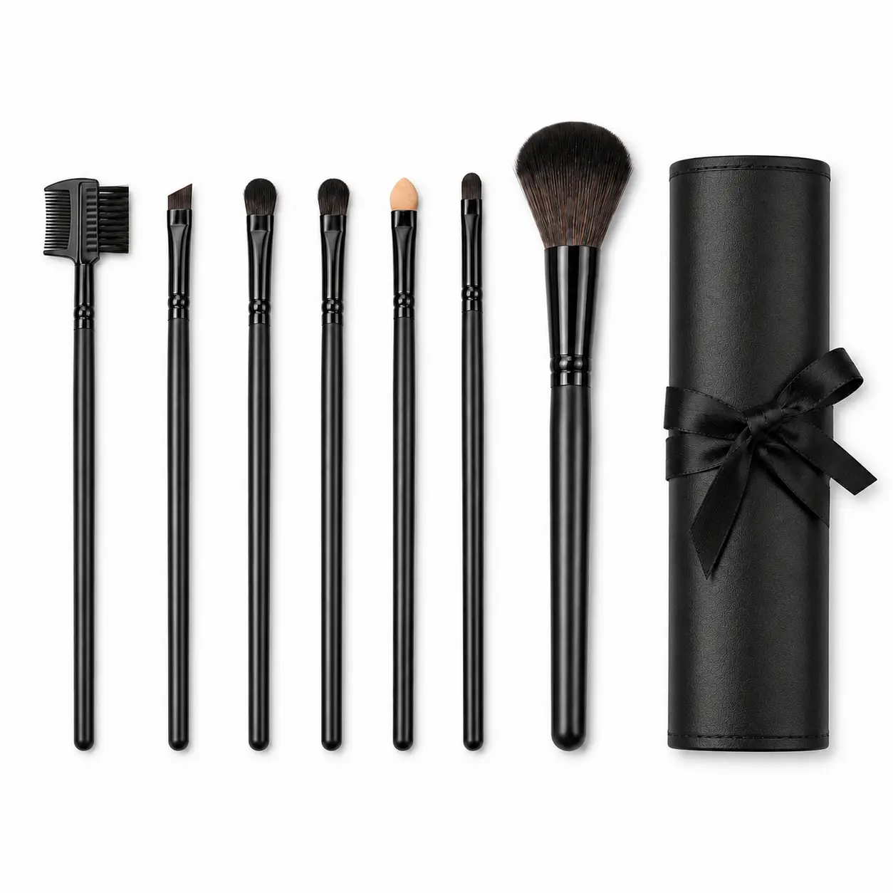 Beginner 7-Piece Makeup Brush Set - Soft Nylon Brushes with Roll-Up Travel Pouch, Brow Comb, Sponge-Tip Applicator, Portable Starter Kit for Daily Use & Travel la
