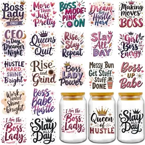 UV DTF Cup Wraps - 20 Sheets Boss Lady Coffee Uvdtf Tumbler Wrap for 16 oz Glass, Slay All Day Funny Transfer Stickers Decals DIY Water Bottle Guitar Phone Case Creative Decoration Gift for Women