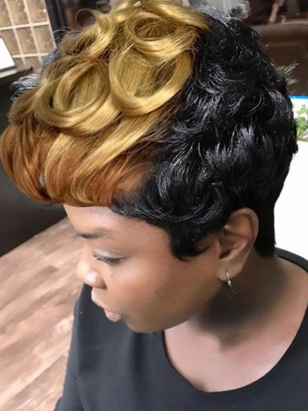 Short Pixie Wigs for Women, Wavy Synthetic Short Hair Wig with Bangs, Curly Pixie Wig for All Seasons, Glueless Bangs Wig