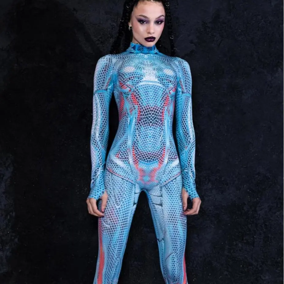 Women's Glitch Print Bodysuit Halloween Costume, Skinny Fit Long Sleeve Polyester Jumpsuit with Thumb Holes & Plastic Look Details, Women's Clothes, Clothes, Halloween Costume Ideas, Cyborg Costume