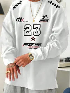 Men's Chicago Print Round Neck Sweatshirt, 23 Number Pattern + Fearless Slogan, Comfortable Streetwear Pullover, Casual Campus City Style