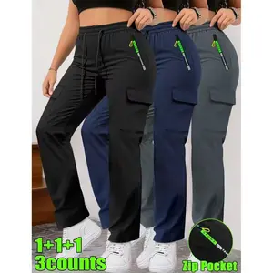 Women’s spring–autumn cargo pants with a fashionable large pocket design, drawstring elastic waistband, casual outdoor/daily long pants, solid color, regular fit, women’s trousers