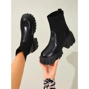 Women's Fashion Elastic Mid-Calf Wedge Boots, Casual Round Toe Motorcycle Boots for Outdoor & Daily Wear, Comfortable Rubber Sole Design