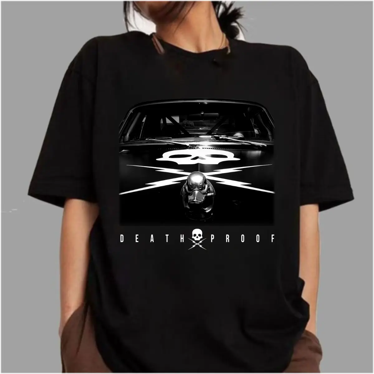 Death Proof Muscle Car T-Shirt, Retro Skull Racing Graphic Tee, Vintage Black Unisex Shirt for Men Women Car Fans