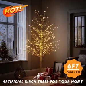 Hoodink 6ft Lighted Birch Tree with 120/544 Warm White LED Lights - Id Twig Tree, Decorndoor Decorative Twig Tree for Home,  Christmas Holiday Decor,Lighteative LED Tree, Warm White Glow, Birch Wood Aesthetic, Plastic Birch Foliage, Durable Metal Base sum