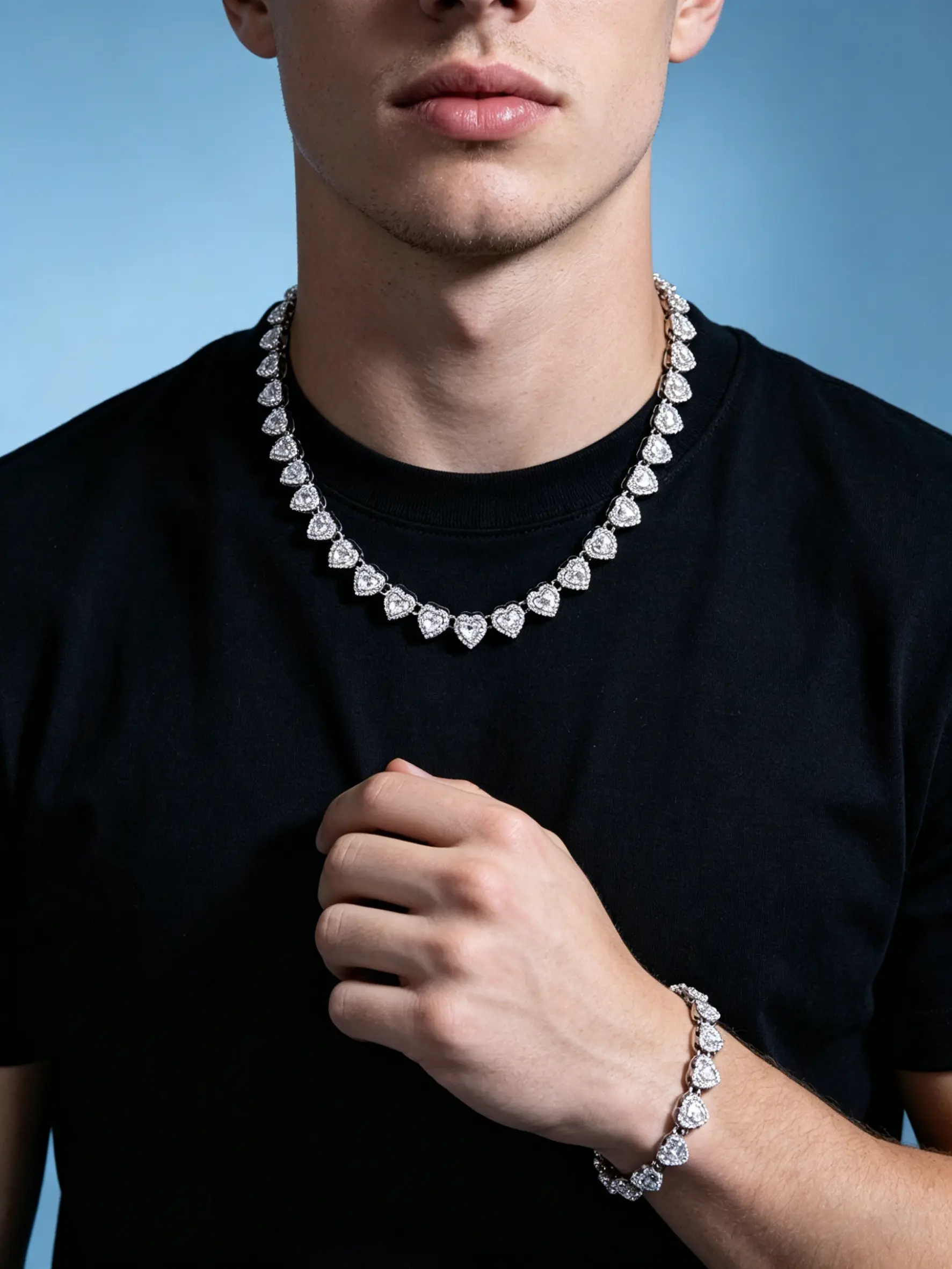 2pcs Hip Hop Style Zircon Micro Pavé Halo Heart Cuban Tennis Chain Necklace & Bracelet Set, Unisex Street Jewelry Sets, All Seasons, Unisex Accessory, All Seasons Wear