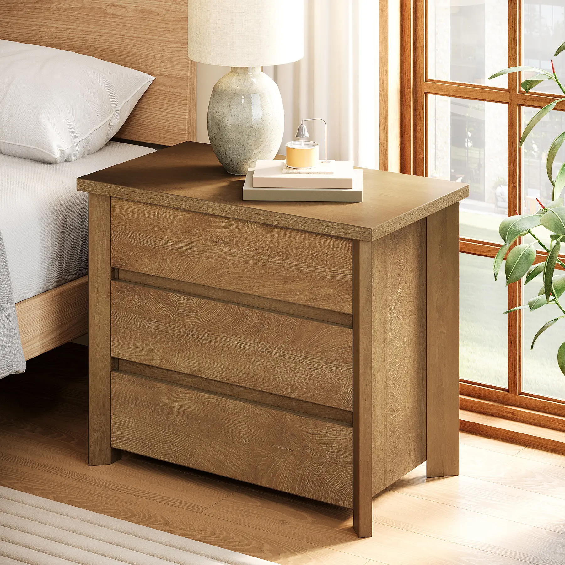 LITTLE TREE Wood Nightstand with 3 Drawers, Farmhouse Large Bedside Table with Storage for Bedroom and Small Spaces, Easy Assembly, Rustic Brown