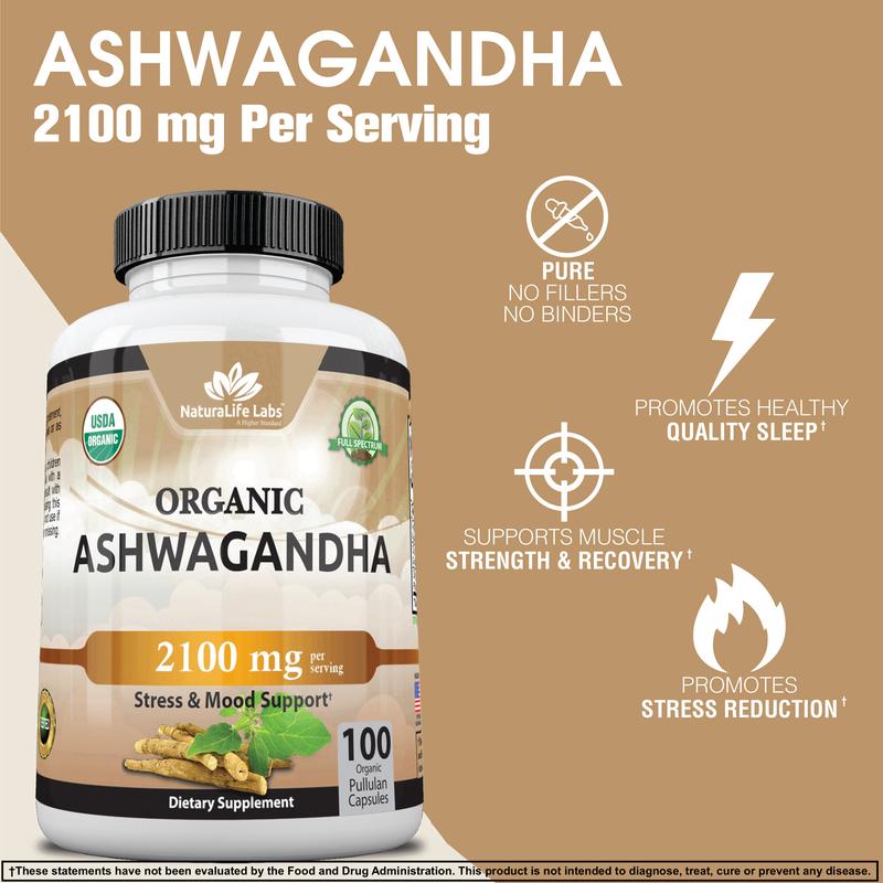 Organic Ashwagandha 2,100 mg per serving Organic Ashwagandha Powder and Root Extract - 100 Vegan Capsules