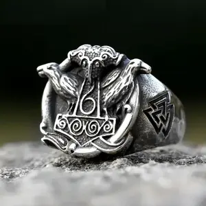 New Arrival Design Stainless Steel Viking Mjolnir Ring Raven Son of Odin Hammer Ring For Men Vintage Jewelry