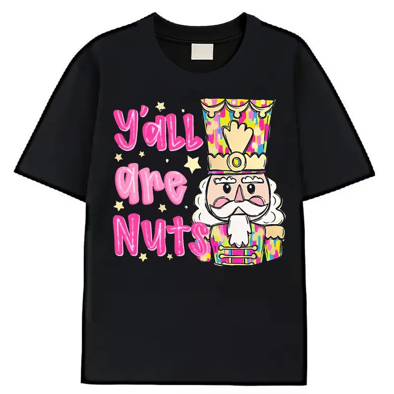 Women's Glitter Christmas Nutcracker Print T-Shirt - Short Sleeve Round Neck Casual Top with ’Y'all Are Nuts!‘ Slogan, Cartoon Graphic & Pink Stars, Machine Washable Summer & Spring Tee.