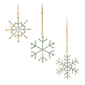 360 Stand Melrose 94144DS 3.5 in. Metallic Iron and Glass Beads Blue and Gold Snowflake Ornament Set of 12, Hanger-Included, Holiday Party Decoration Supplies for Festive Home Decor