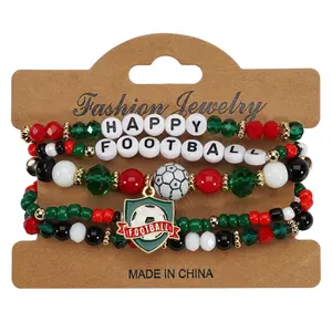 2026 Football Theme Stackable Beaded Bracelet Set, 5 Pcs Multicolor Multi-Layer Soft Clay Elastic Bracelets, Unisex Fan Event Wristbands
