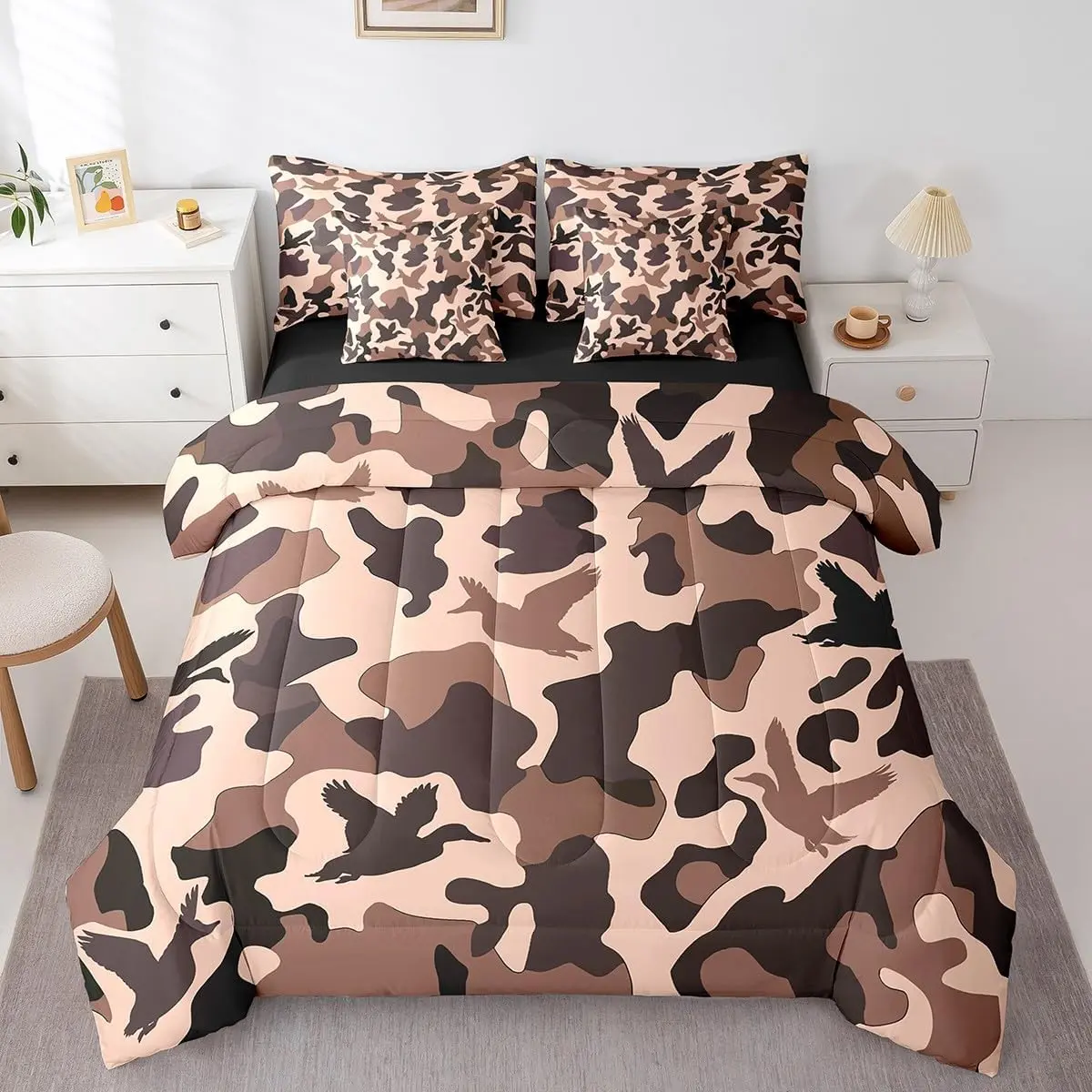 Camo 7 Piece Comforter Set,Duck Hunter Bedding,Army Camouflage Hunting Bed in A Bag,Vintage Pink Brown Wild Animal Duck Farmhouse Bed Set