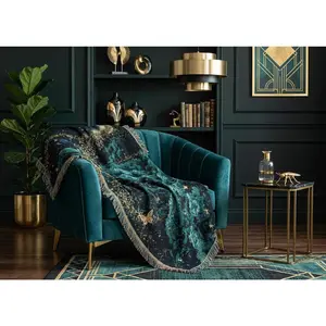 Celestial Woven Blanket, Emerald Green Galaxy Throw Blanket, Starry Night Tapestry, Gold Glitter Nebula Bedding, Dark Academia Decor