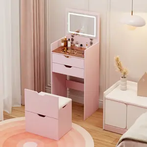 3-in-1 Vanity Set with Stool & Three-Color LED Mirror, Dressing Table with 2 Sliding Drawers & Hidden Storage Stool, Space-Saving Makeup Desk for Bedroom