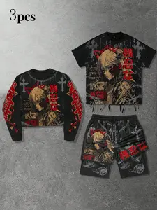 Men's 3-Piece Anime Gothic Streetwear Set, Long Sleeve Tee, Short Sleeve Tee & Shorts, All Seasons Fashion, Comfortable & Stylish
