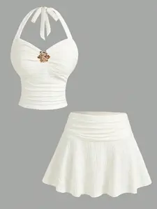 Women's Spring Summer Fashion Chic Flower Comfort Fitted Elegant Sexy Floral Decorated Halter Neck Top and Wave Pattern Skirt Set