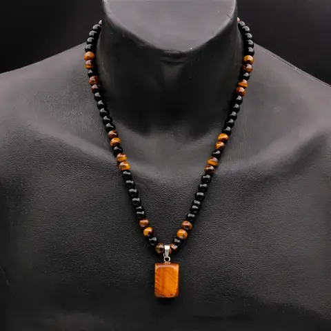 Veliora Gift S 1 Piece Fashionable Retro Natural Tiger's Eye Geometric Pendant Adjustable Beaded Necklace Men's and Women's Daily Wear Jewelry Gifts