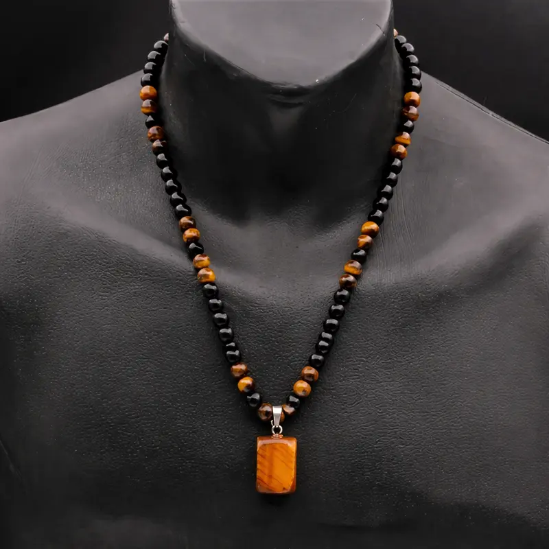 Veliora Gift S 1 Piece Fashionable Retro Natural Tiger's Eye Geometric Pendant Adjustable Beaded Necklace Men's and Women's Daily Wear Jewelry Gifts