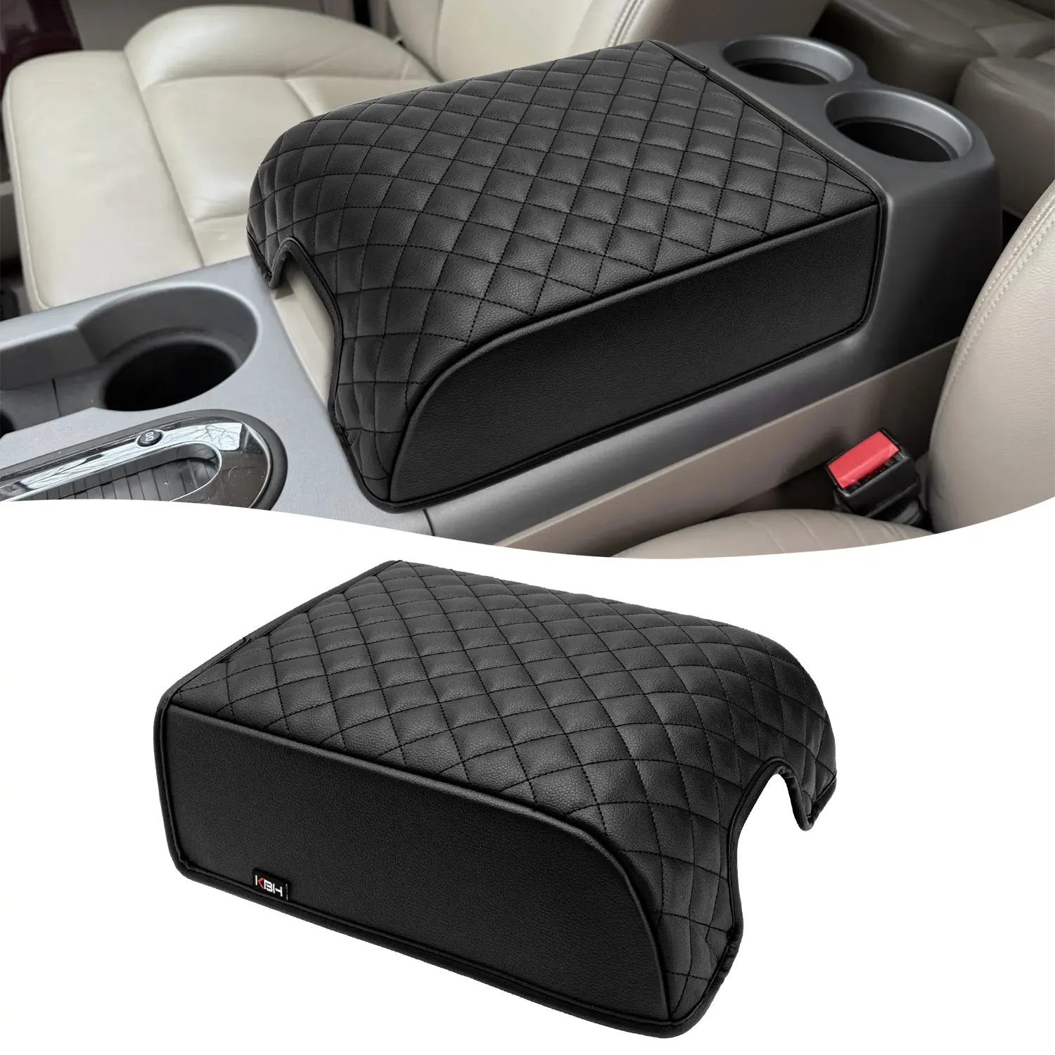 KBH Center Console Armrest Cover for F150 2004-2014, Ford Expedition 2007-2017, Lincoln Mark LT 2006-2008, Middle Console Lid Protector, Vinyl Leather, Black (Fits Bucket Seat Console Only)