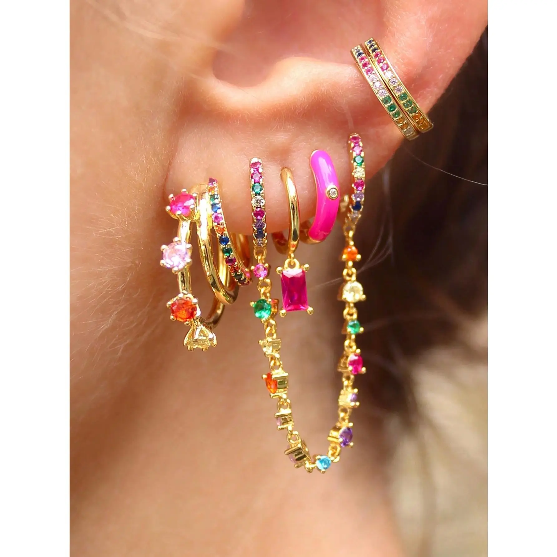 6 Pcs 24K Gold Plated Cubic Zirconia Dangle Earrings For Women Colorful Zirconia Hoop Earrings Set Fashion Jewelry, Versatile Earrings, Zircon Stud Earrings