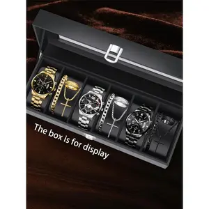 Men's Watch Set, Fashion Casual Watch & Pendant Necklace & Bracelet & Ring Set, with Box, Trendy All-match & Exquisite Watch Set for Birthday Gift, Men Jewelry