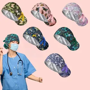 6pcs Satin Lined Scrub Caps Women Nurse Surgical Hat with Buttons Ponytail Working Adjustable Shower Caps Tie Back Sufficient Quantity for Repeated Use