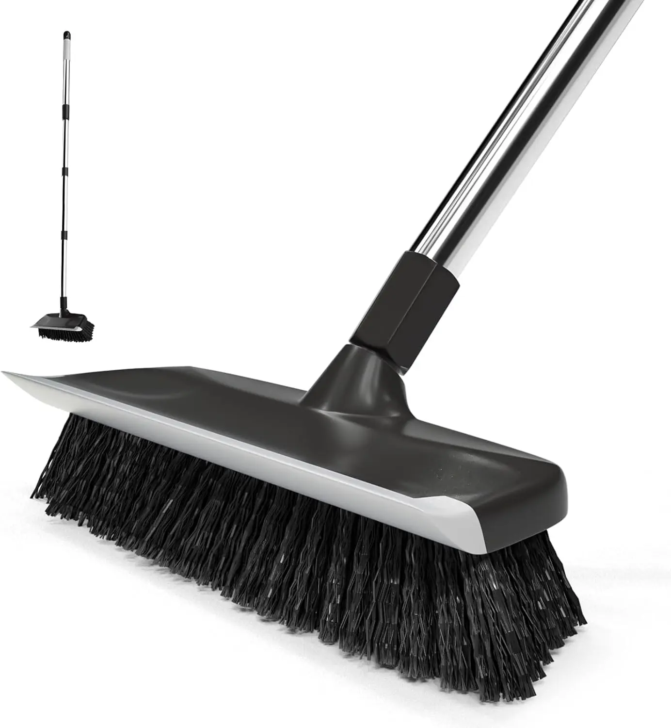 ITTAR Floor Scrub Brush with 55" Long Handle, 10" Wide Stiff Bristles Deck Brush, Stainsless Steel Pole Heavy-Duty Cleaning Brush, 2-in-1 Scrubber with Ruber Squeegee for Deck, Patio, Pool, Tile, Wall dry wet kitchen surface silicone adjustable