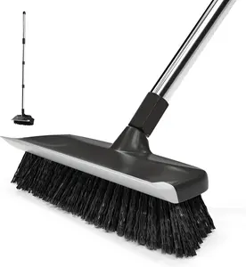ITTAR Floor Scrub Brush with 55" Long Handle, 10" Wide Stiff Bristles Deck Brush, Stainsless Steel Pole Heavy-Duty Cleaning Brush, 2-in-1 Scrubber with Ruber Squeegee for Deck, Patio, Pool, Tile, Wall dry wet kitchen surface silicone adjustable