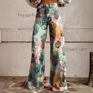 Women's Print Stretch Bell Bottom Flare Palazzo Pants Trousers Womenswear Comfort blue  jeans