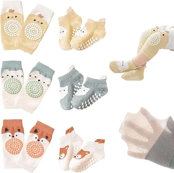 Baby Crawling Knee Pads & Socks Set (3 Pairs Each) – Anti-Slip Infant Knee Pads for Crawling, Adjustable Elastic Knee Protectors for Babies & Toddlers, Unisex Safety Knee Guards