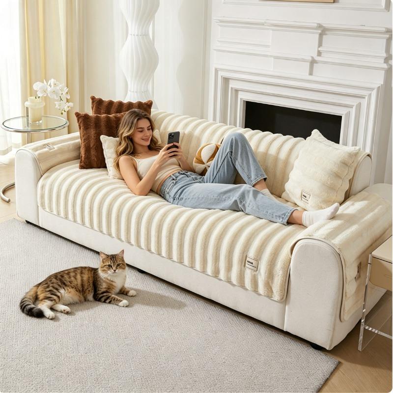 Cream Ribbed Faux Fur Sofa Cover | Ultra-Soft Vertical Striped Throw for Minimalist Homes
