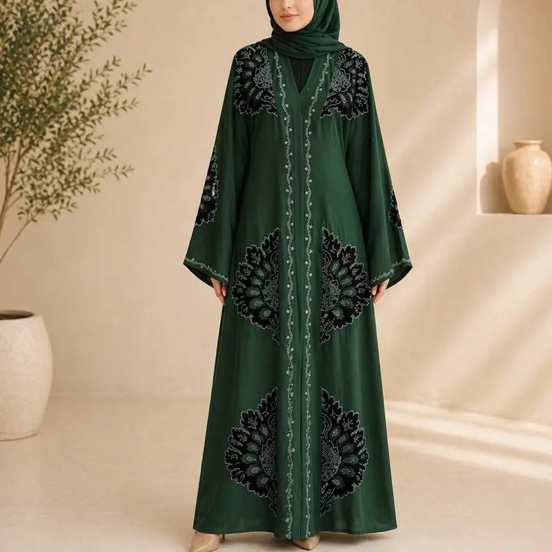 Butterfly Style Dubai Abaya - Elegant Design with Green Embellishments and Hooded Neckline Butterfly Style Dubai Abaya - Elegant Design with Green Embellishments and Hooded Neckline