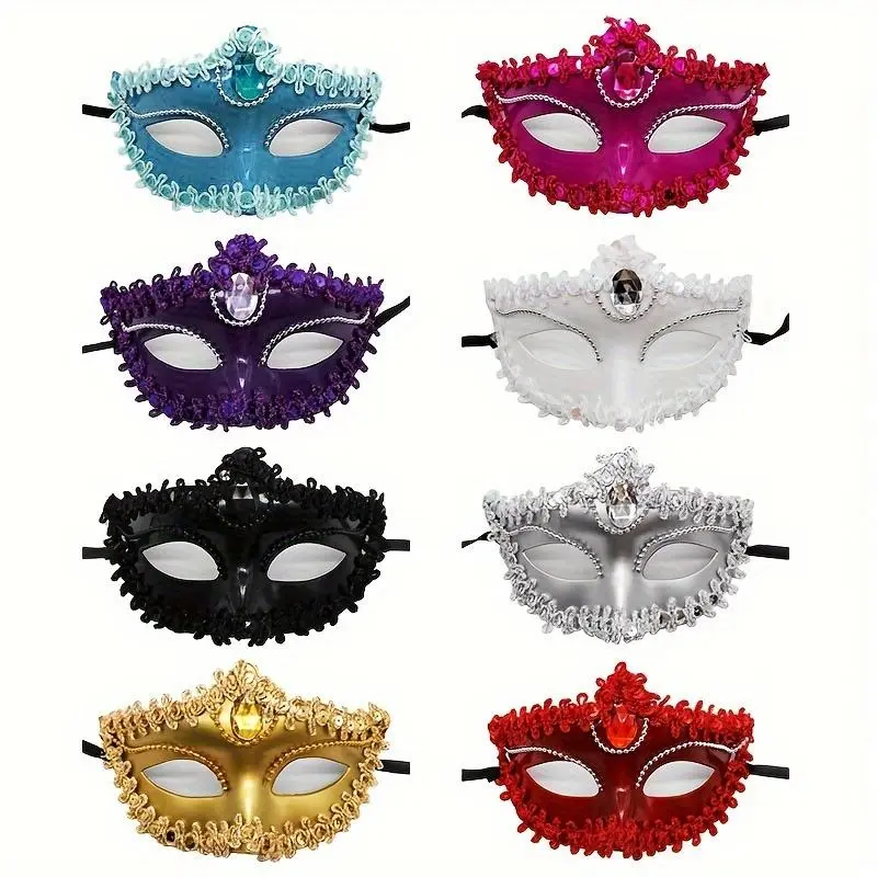 Venetian Little Beauty Mask, Electroplated with Rhinestones and Spray-Painted, Women's Eye Mask with Ties, for Halloween Balls, in Black or Matching Mask Color, Hand-Applied, Mask May Occasionally Have Dry Adhesive Residue