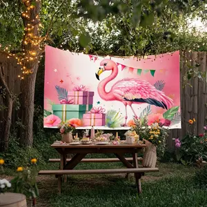 Banner, 1 Pc, Welcome Pink Flamingo Gifts Birthday Theme Backdrop, Size 43.3x70.8 in & 59x82.6 in, Polyester Fabric, Perfect for Birthday Party, Room and Party Decoration, Outdoor Holiday Decor, 2D Decorative Flag