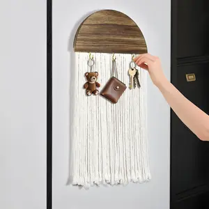 Decorative Macrame Key Rack, Wall Mounted Key Organizer, Rustic Display Hooks, Enterway Storage Hooks, Boho Storage Rack for Sunglasses Umbrella Coat, Decorative Rack (Semi-Circle)