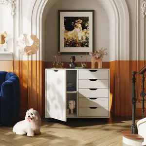 DEVAISE 5-Drawer Wood Drawer Cabinet, Office Storage Cabinet with Adjustable Shelf & Wheels, Printer Stand for Home Office