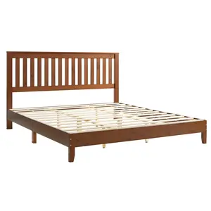 AMERLIFE Solid Wood Bed Frame, Mid-Century Wooden Platform Bed with Grille Headboard, Wood Slat System/No Box Spring Needed/Noise Free