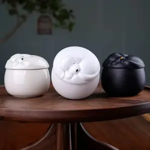 A139.Cute Sleeping Dog Ceramic Jar Coarse Pottery Tea Caddy Airtight Storage Canister