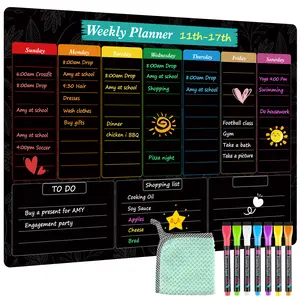MaxGear Black Weekly Dry Erase Board,16"x12" Magnetic Whiteboard Meal Planner Blackboard for Fridge, Chalkboard Calendar Menu Planning Board Notepad for Kitchen with 7 Markers and 1 Eraser