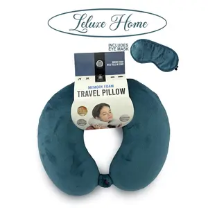 Leluxe Home Travel Neck Pillow and Eye Mask set - Memory Foam Travel Pillow 2 Piece set in velvet with eye mask