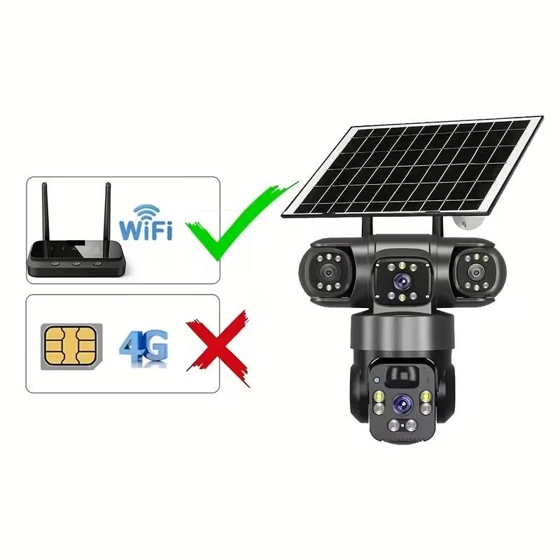 Solar-powered Security Camera | 8000mAh Battery, Color Night Vision, Triple-lens 360° Panoramic View, PIR Human Detection, Loop Recording, 2.4G WiFi App For Remote Real-time Viewing | Suitable For Farms, Gardens, Warehouses